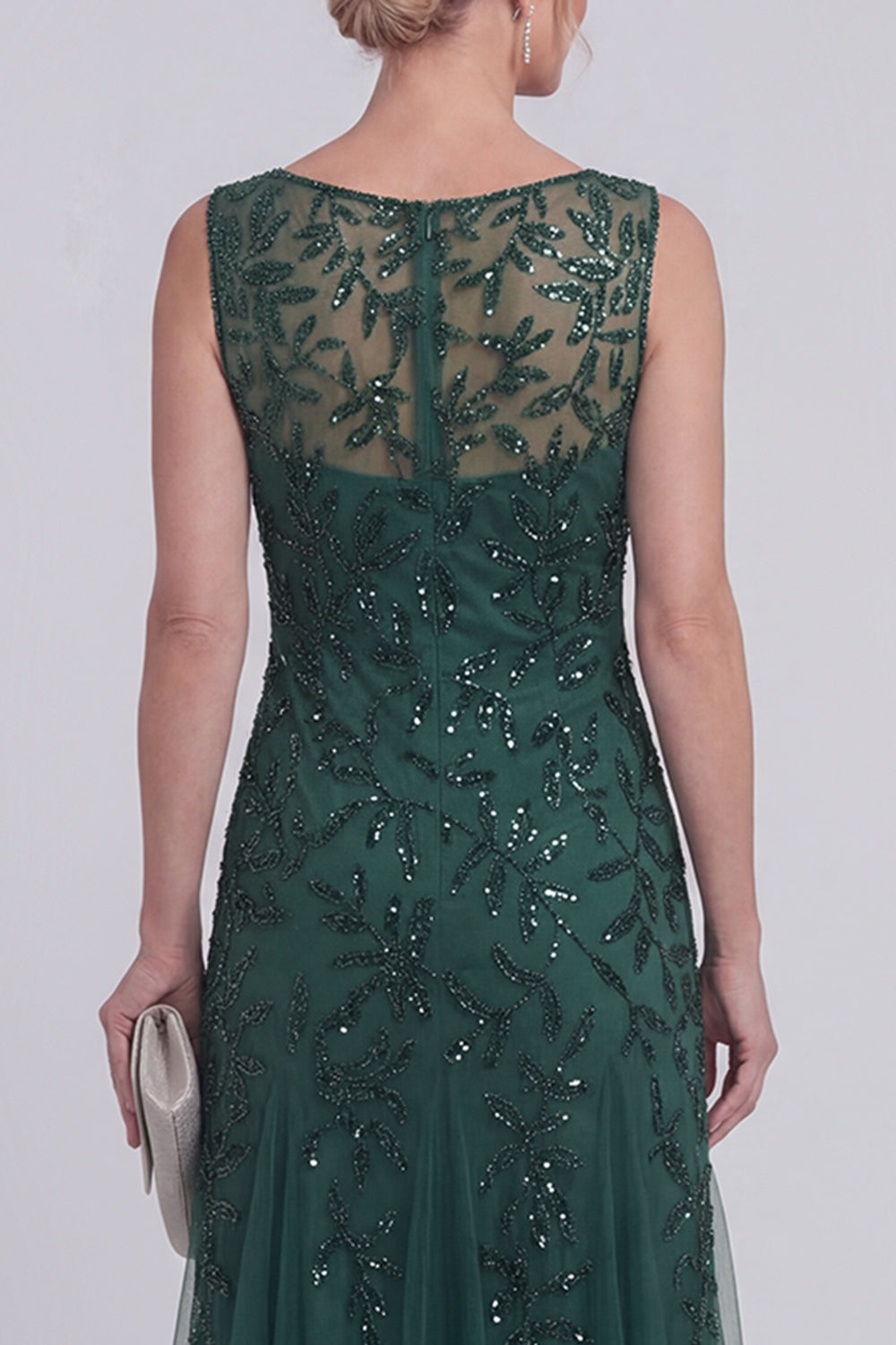 Dark Green Floral A-Line Beaded Boat Neck Long Mother of the Bride Dress