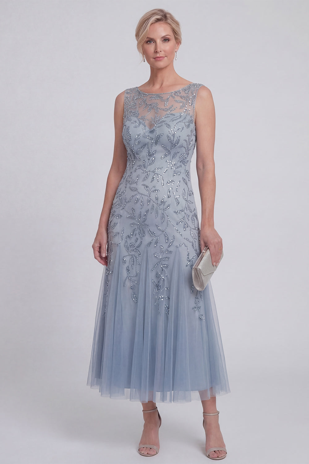 Dark Green Floral A-Line Beaded Boat Neck Long Mother of the Bride Dress