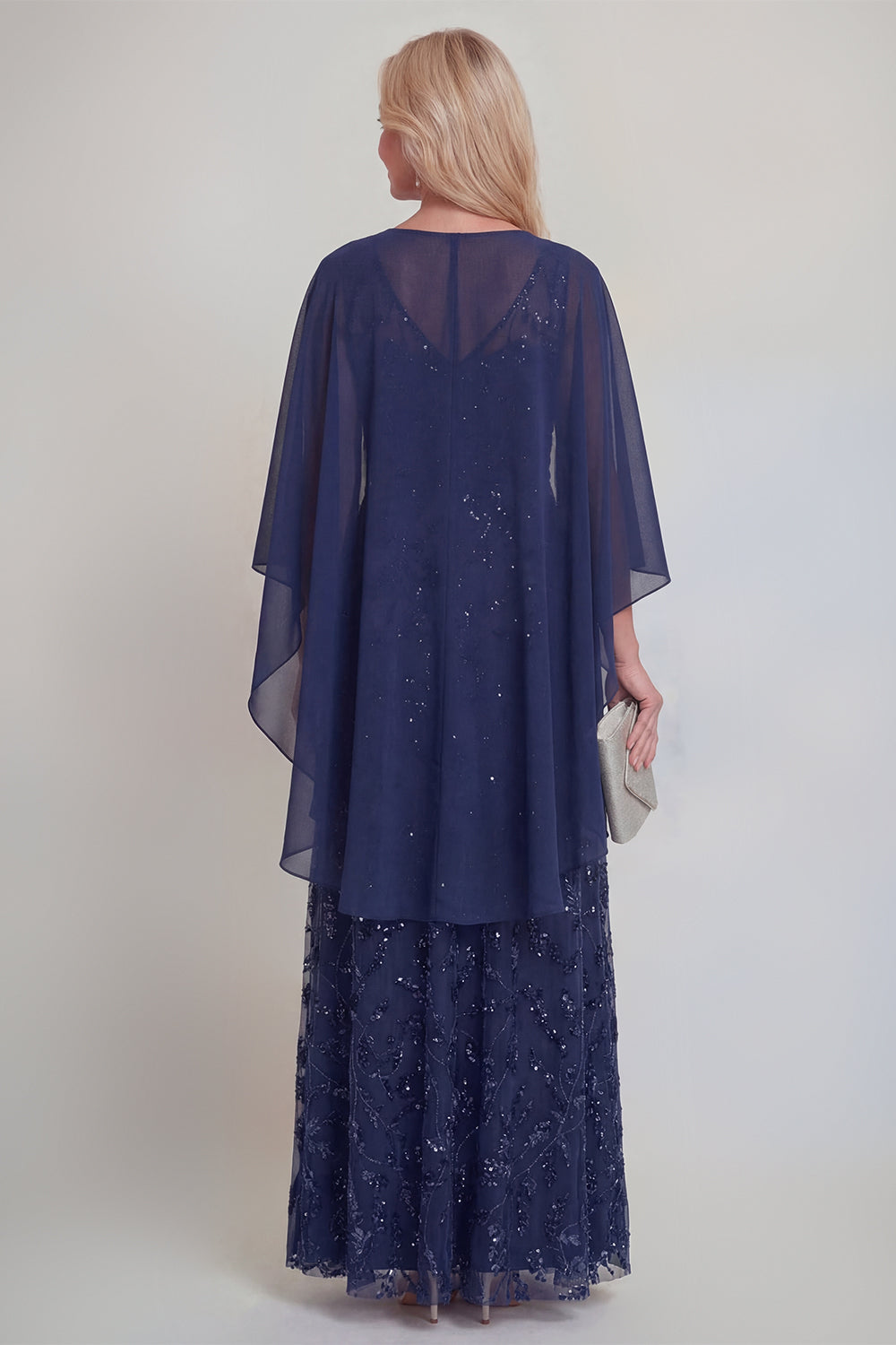 Navy Lace Floral A Line Sequins Long Mother of The Bride Dress with Jacket
