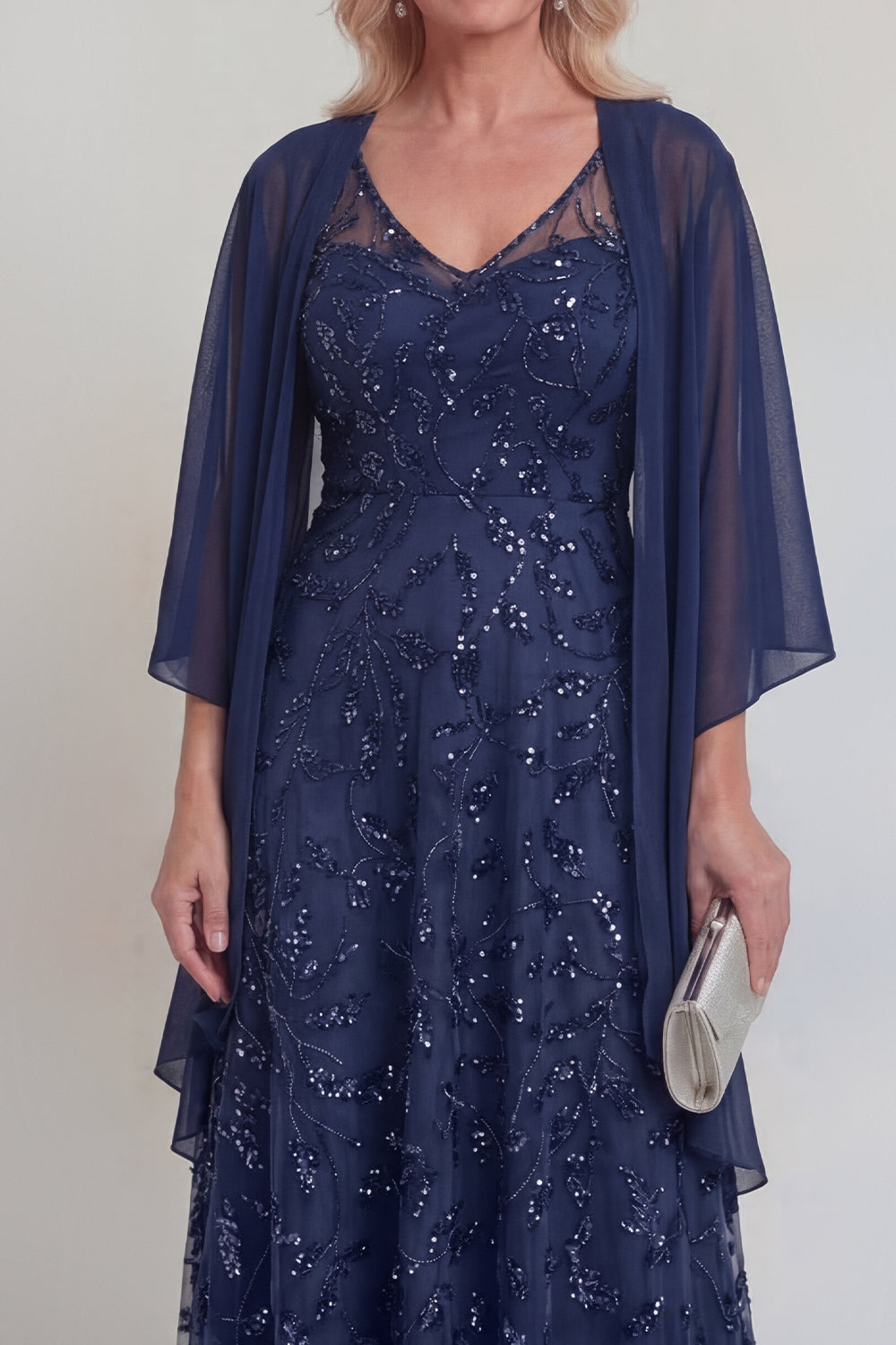 Navy Lace Floral A Line Sequins Long Mother of The Bride Dress with Jacket