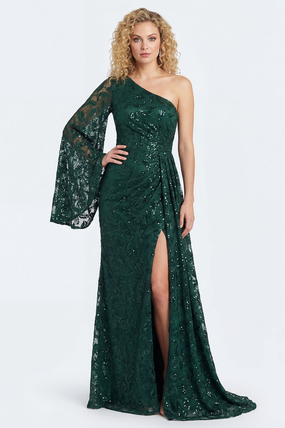 Robe de sirène longue vert foncé en dentelle à manches et à une épaule pour la mère de la mariée