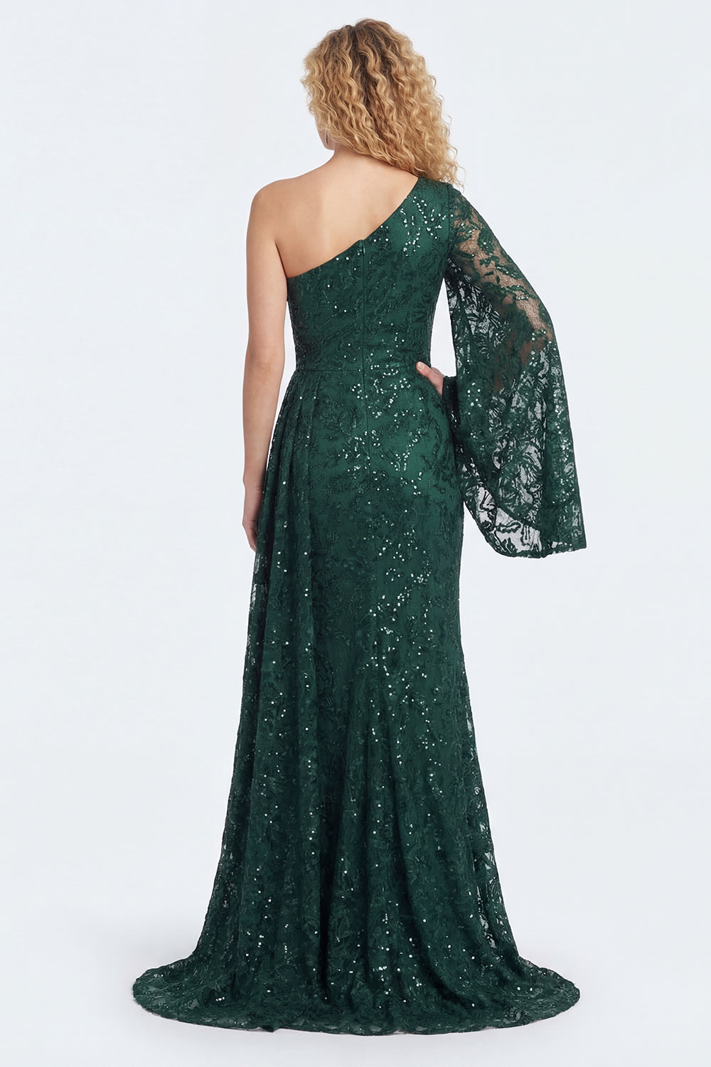 Robe de sirène longue vert foncé en dentelle à manches et à une épaule pour la mère de la mariée