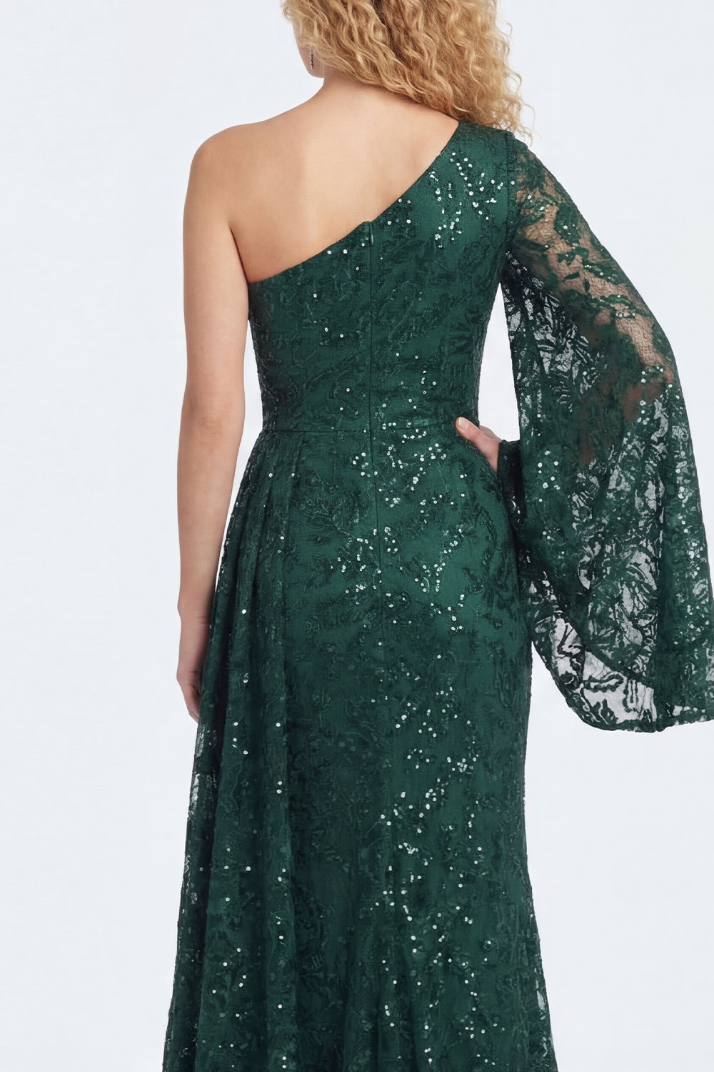 Robe de sirène longue vert foncé en dentelle à manches et à une épaule pour la mère de la mariée