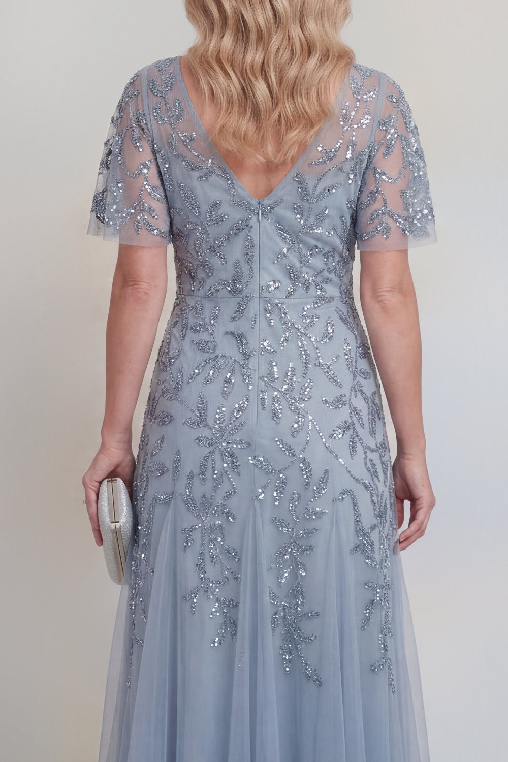 Grey Blue Tulle Floral Sequins V-Neck Long Mother of The Bride Dress with Sleeves