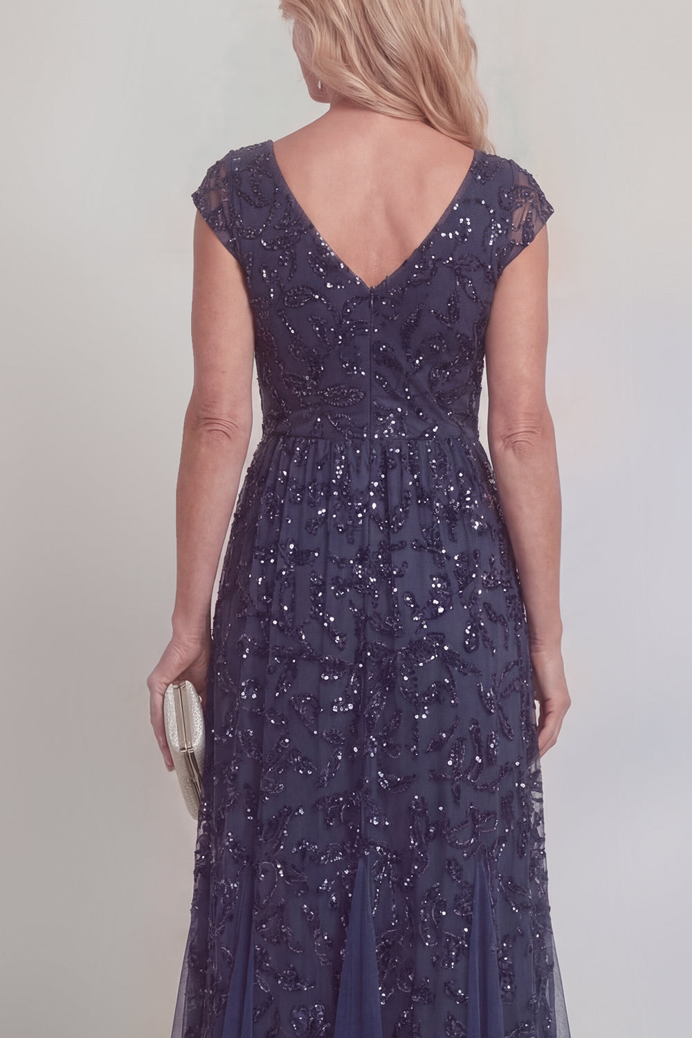 Navy Lace Floral Sequins A Line V-Neck Long Mother of The Bride Dress with Sleeves