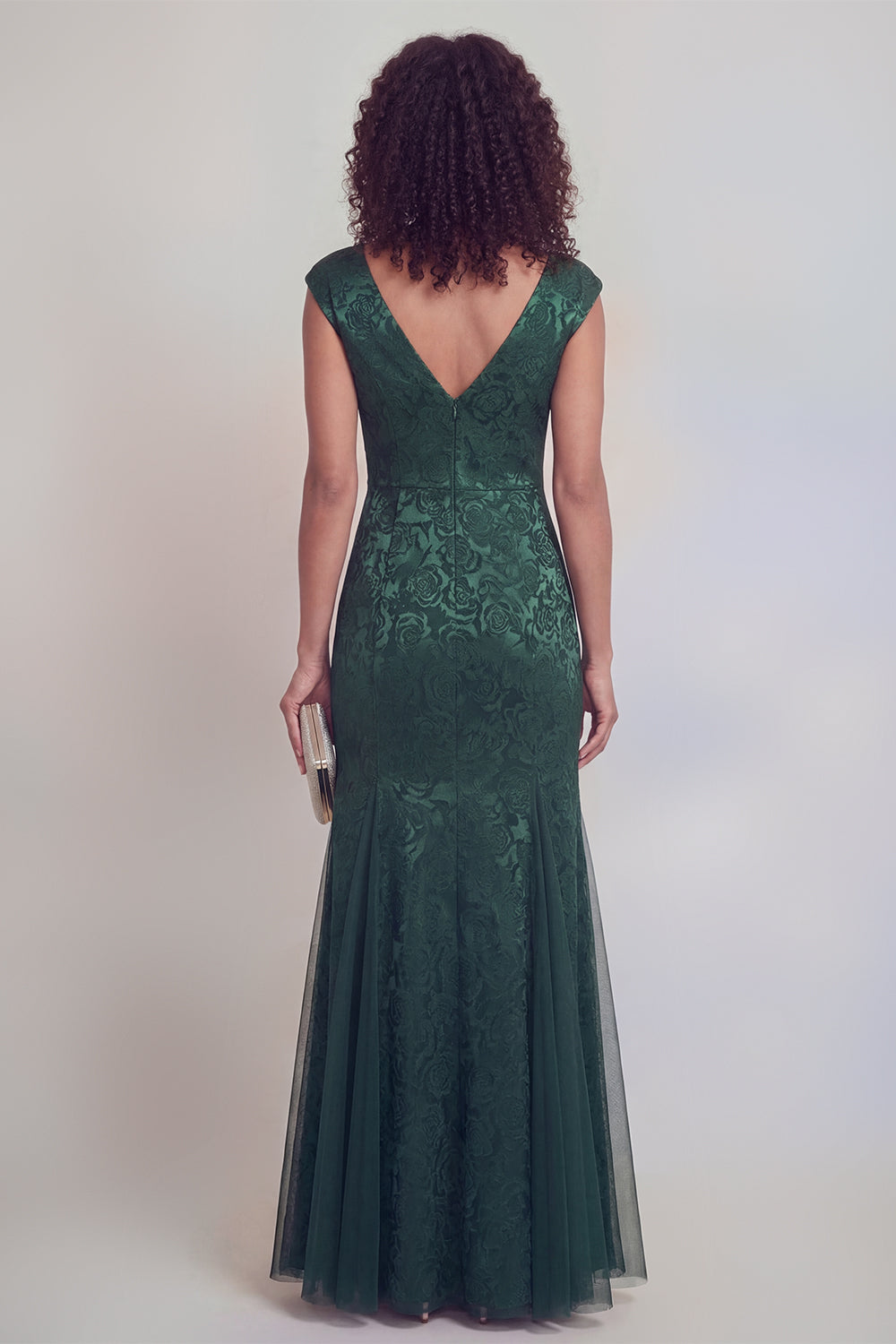 Robe longue sirène vert sauge fleuri décolleté en V avec fente pour mère de la mariée