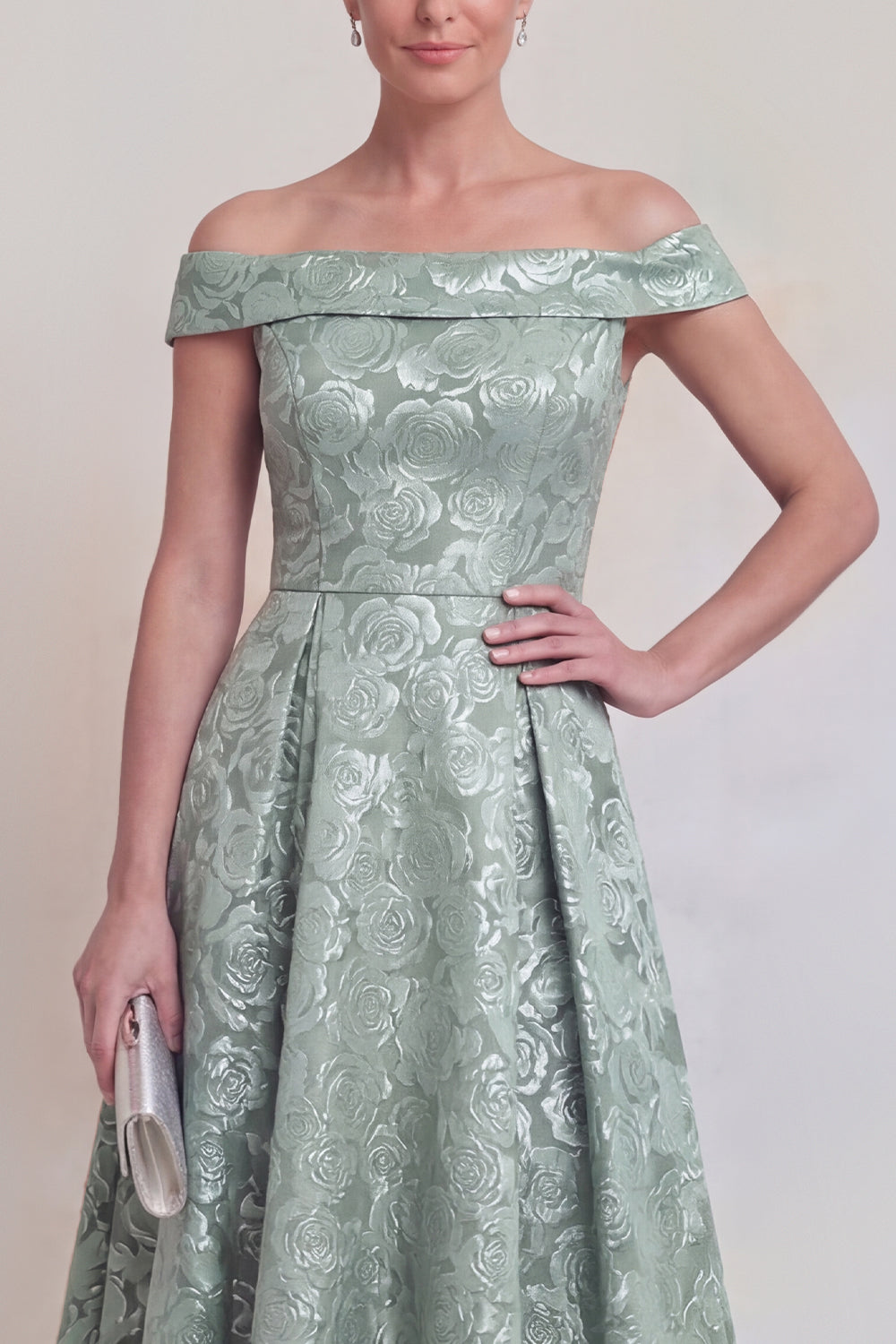 Blush Jacquard Floral Off The Shoulder A Line Long Mother of The Bride Dress