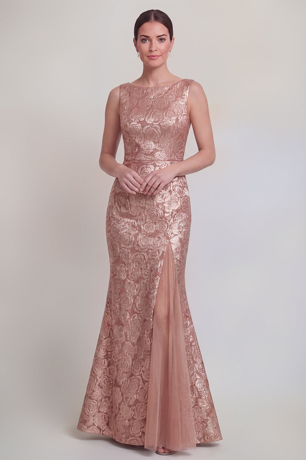Robe longue de mère de la mariée sirène vert foncé floral à col bateau avec fente