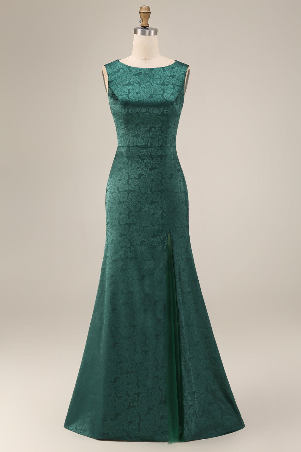 Robe longue de mère de la mariée sirène vert foncé floral à col bateau avec fente