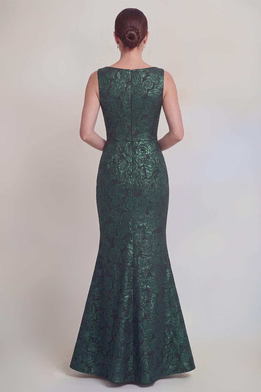 Robe longue de mère de la mariée sirène vert foncé floral à col bateau avec fente