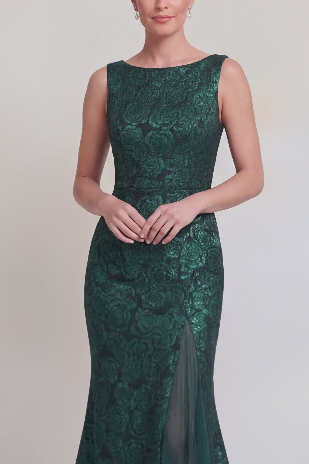 Robe longue de mère de la mariée sirène vert foncé floral à col bateau avec fente