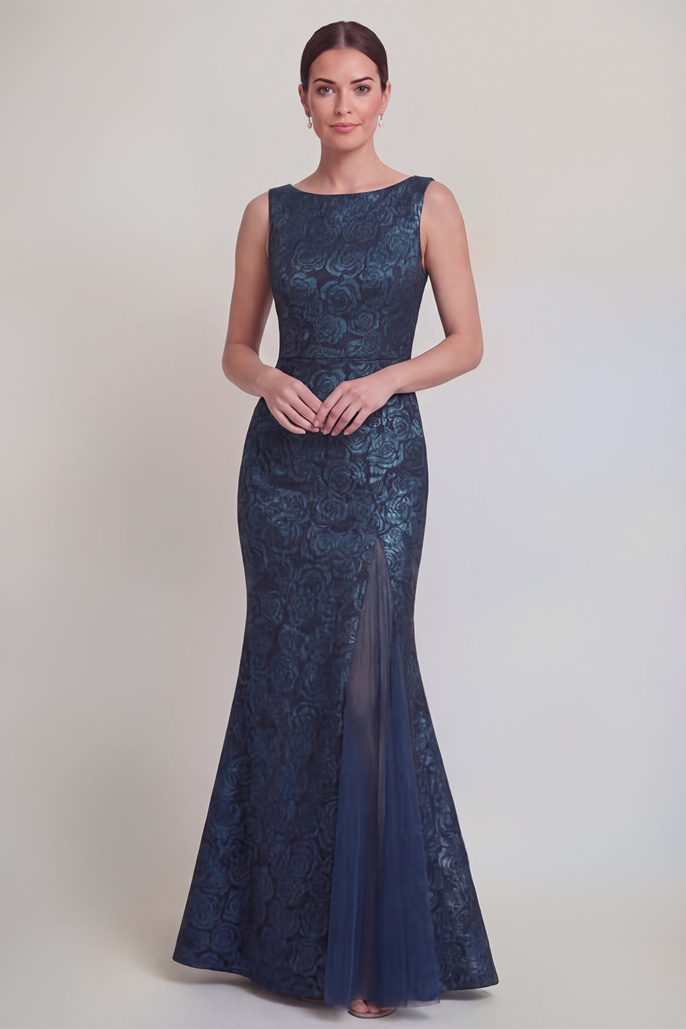 Robe longue de mère de la mariée sirène vert foncé floral à col bateau avec fente
