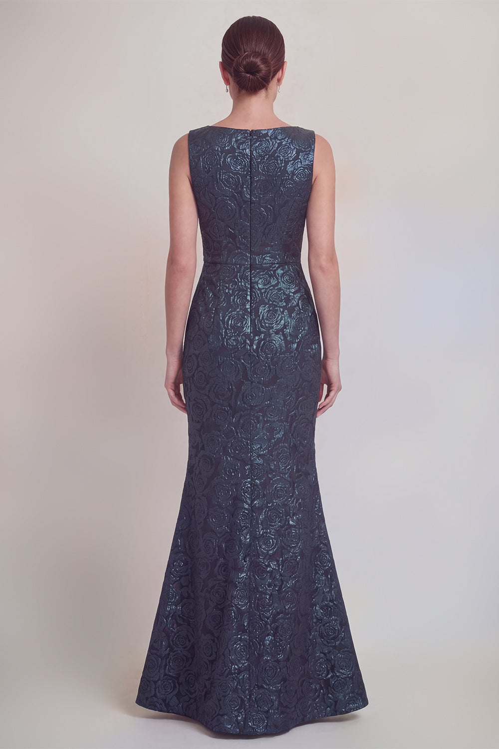Robe longue de mère de la mariée sirène vert foncé floral à col bateau avec fente