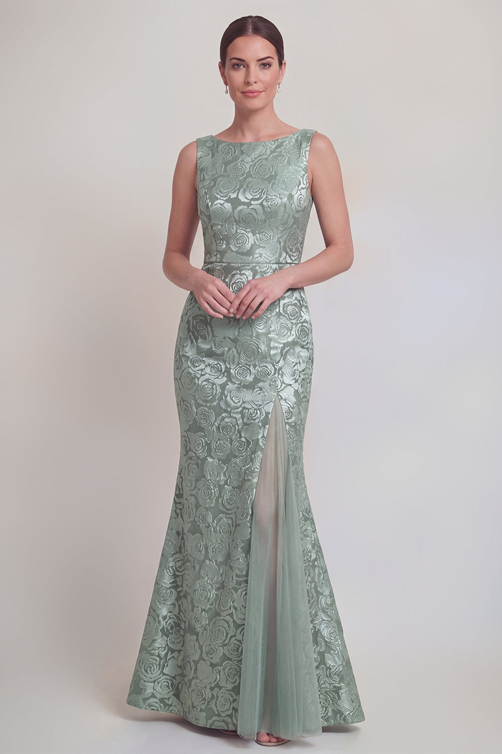 Robe longue de mère de la mariée sirène vert foncé floral à col bateau avec fente