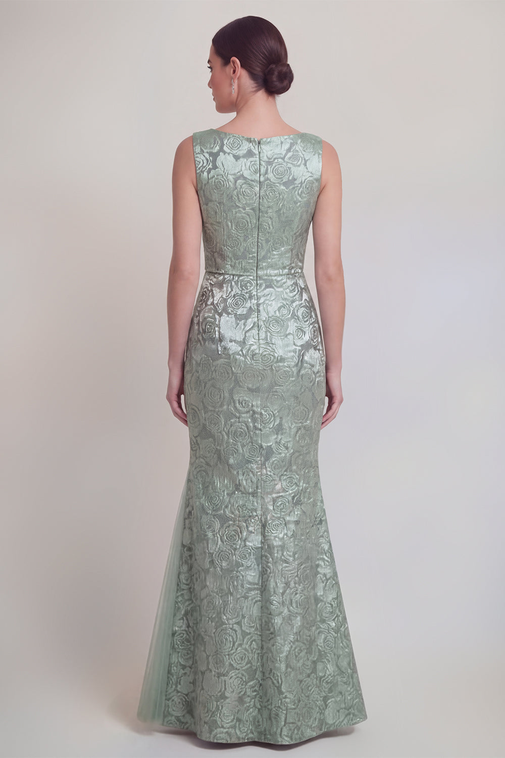 Robe longue de mère de la mariée sirène vert foncé floral à col bateau avec fente
