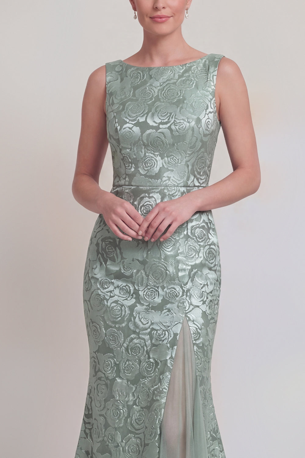 Robe longue de mère de la mariée sirène vert foncé floral à col bateau avec fente