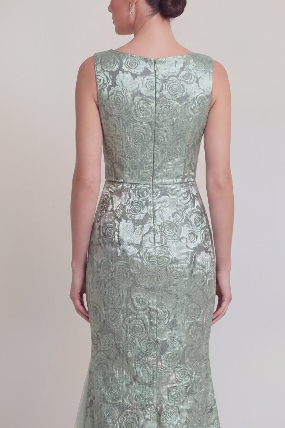 Robe longue de mère de la mariée sirène vert foncé floral à col bateau avec fente