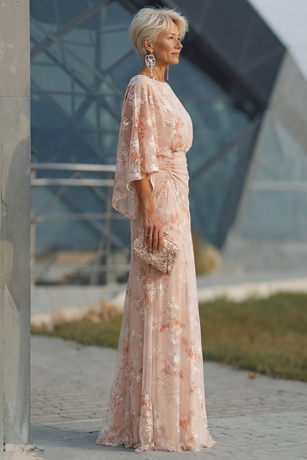 Champagne Boat Neck Mermaid Floral Long Mother of the Bride Dress