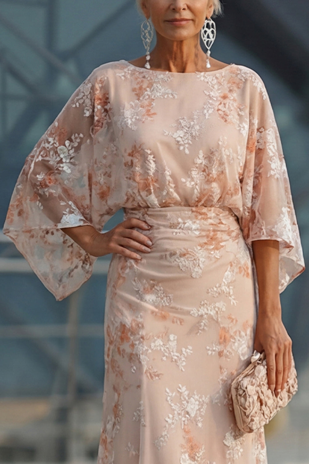 Champagne Boat Neck Mermaid Floral Long Mother of the Bride Dress