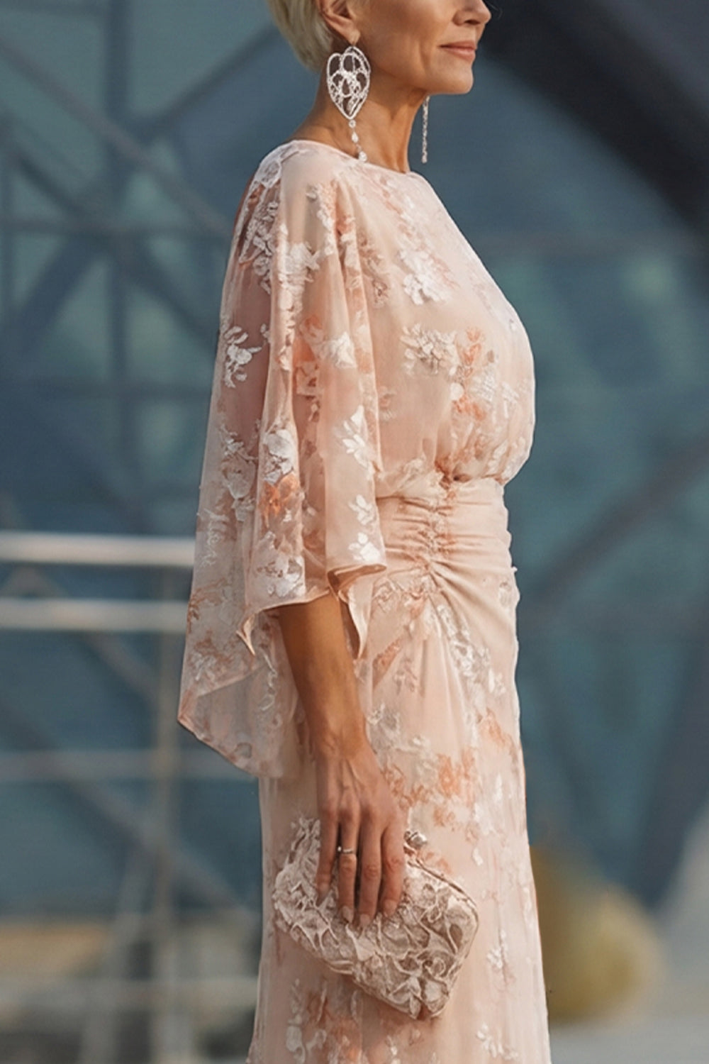 Champagne Boat Neck Mermaid Floral Long Mother of the Bride Dress