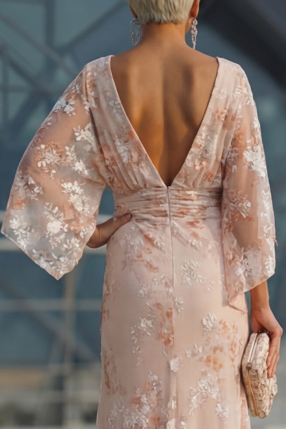 Champagne Boat Neck Mermaid Floral Long Mother of the Bride Dress
