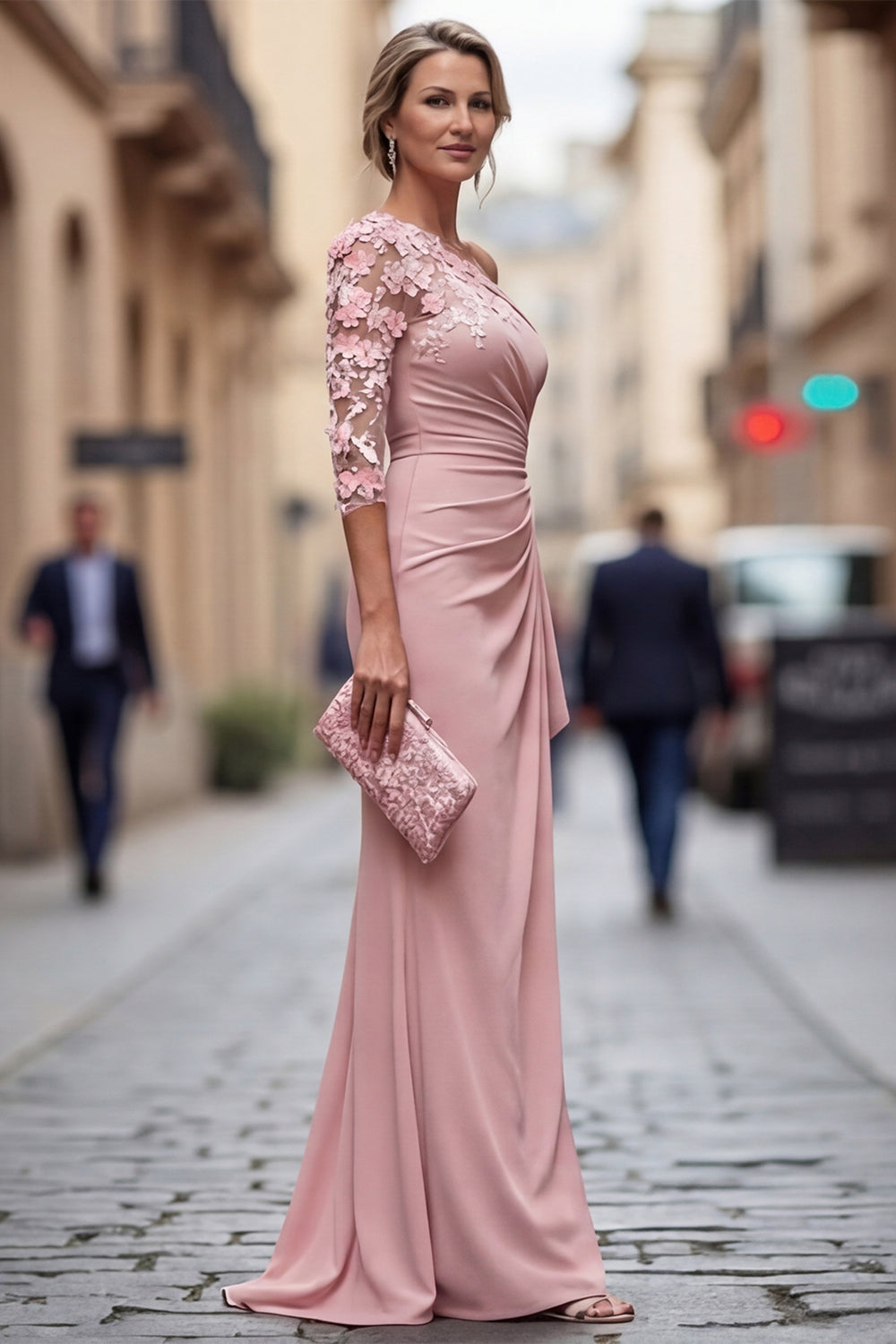 Light Blue One Shoulder Sheath Ruched Long Mother Of the Bride Dress with 3D Flowers