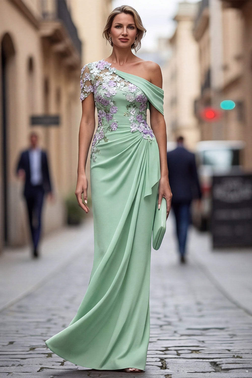Robe longue fourreau verte asymétrique à fleurs appliquées pour la mère de la mariée