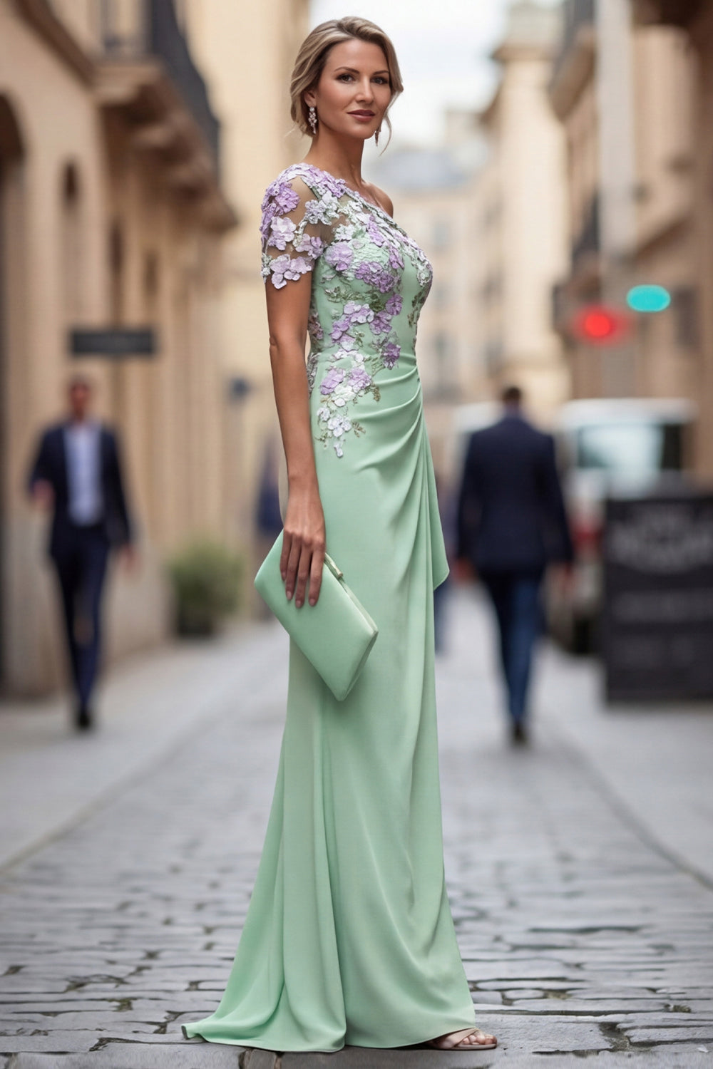Robe longue fourreau verte asymétrique à fleurs appliquées pour la mère de la mariée