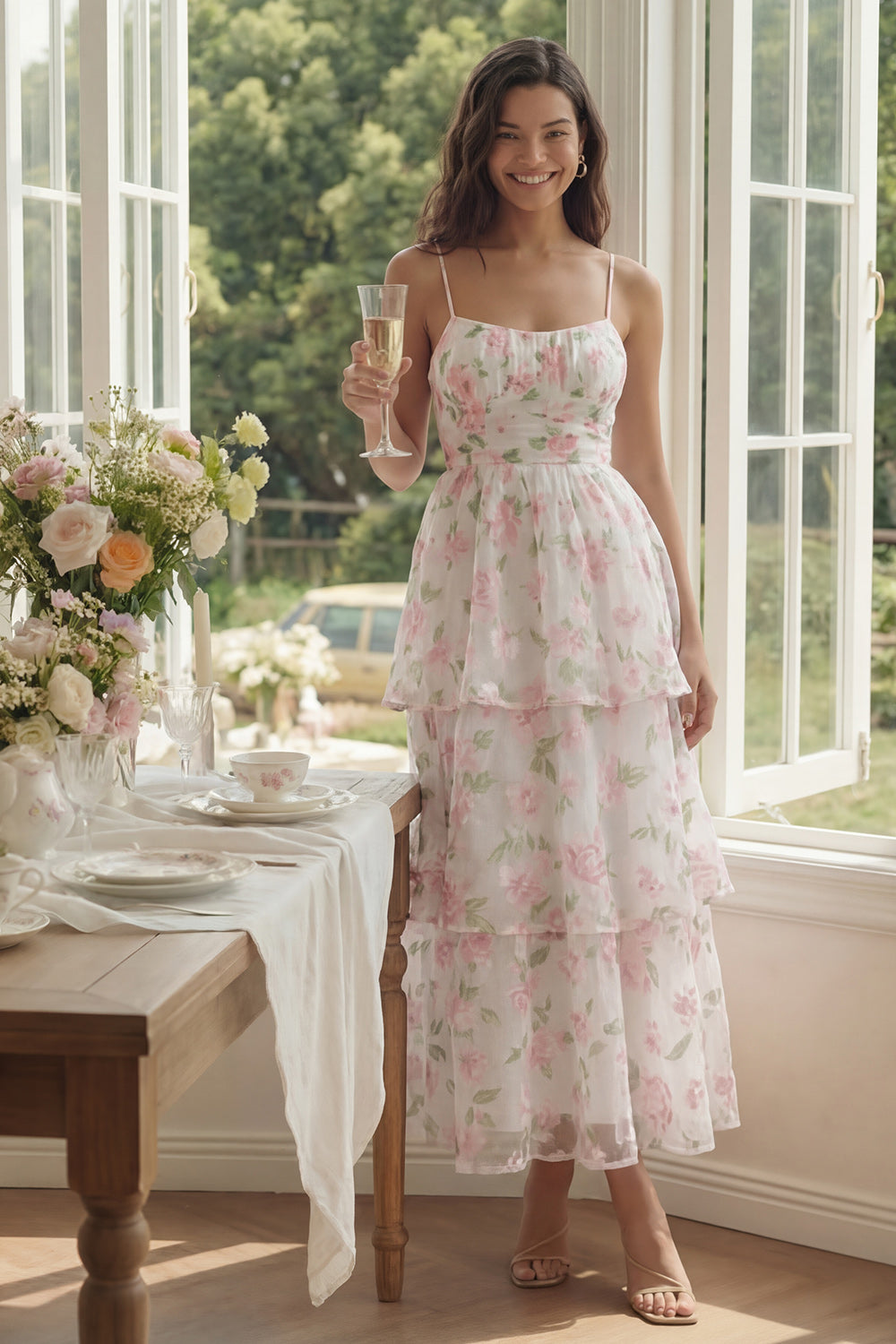 Robe longue fleurie à fines bretelles, coupe trapèze et volants, coloris blanc et rose