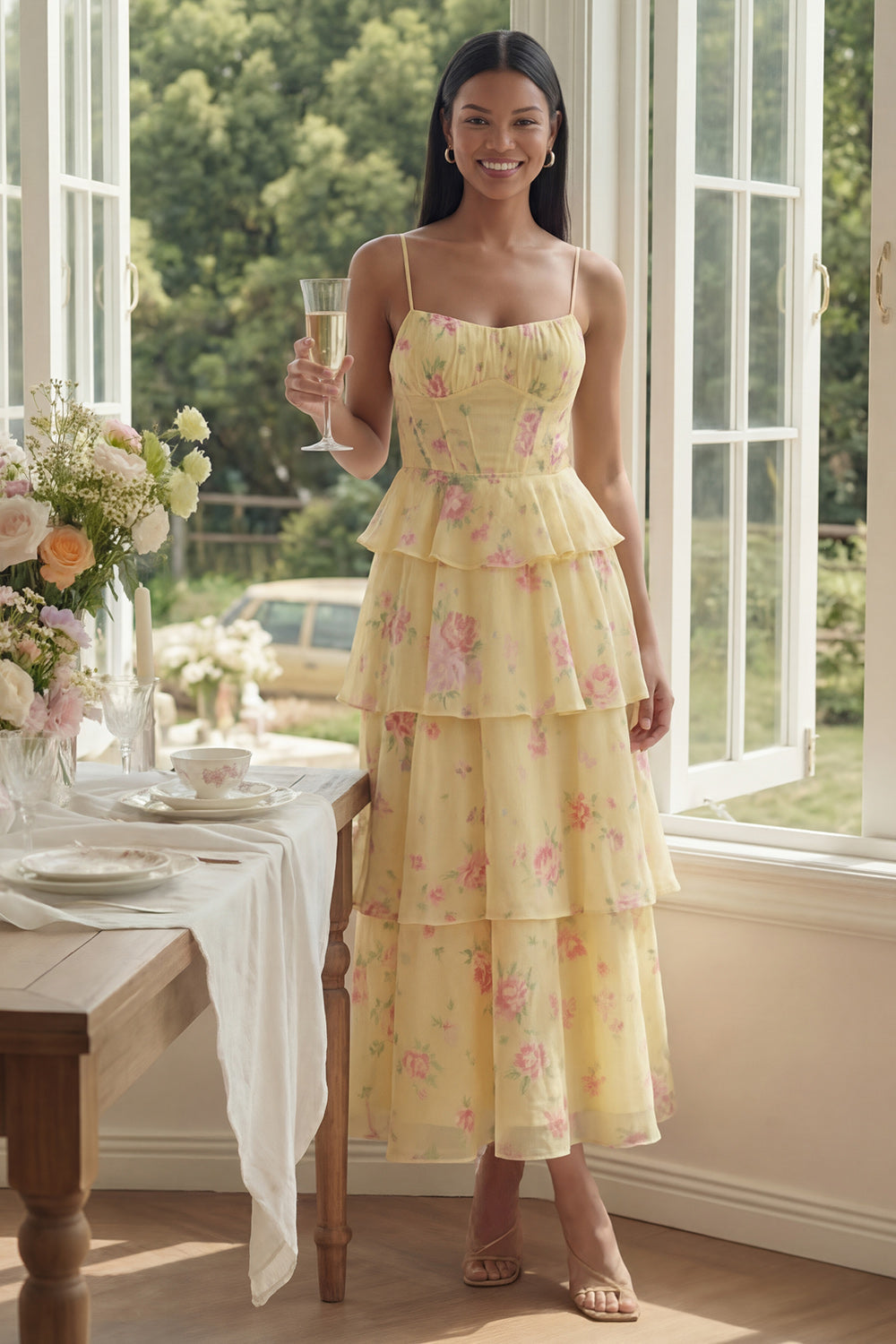 Robe longue fleurie à fines bretelles, coupe trapèze et volants, coloris blanc et rose