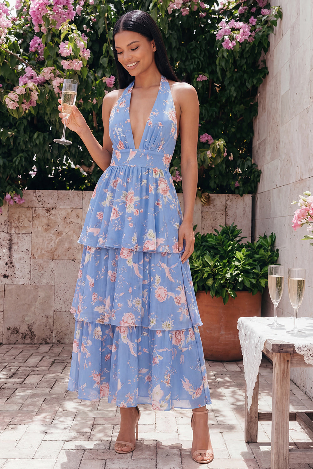 Blue Pink Flower Halter Neck Tiered Ruched Long Floral Dress with Bow