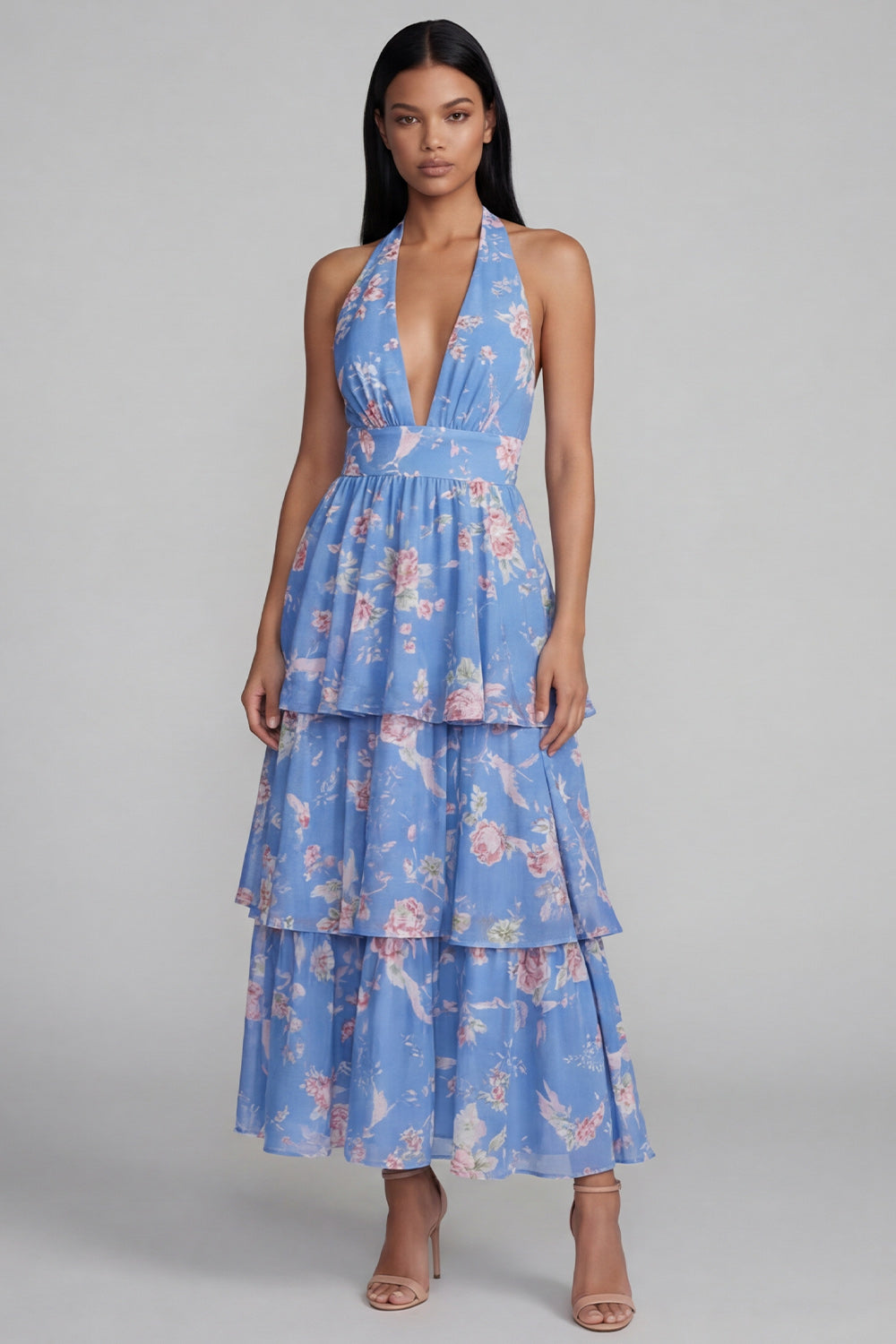Blue Pink Flower Halter Neck Tiered Ruched Long Floral Dress with Bow