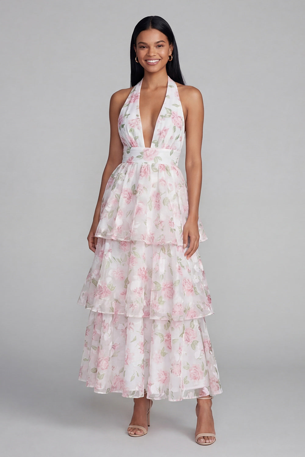Blue Pink Flower Halter Neck Tiered Ruched Long Floral Dress with Bow