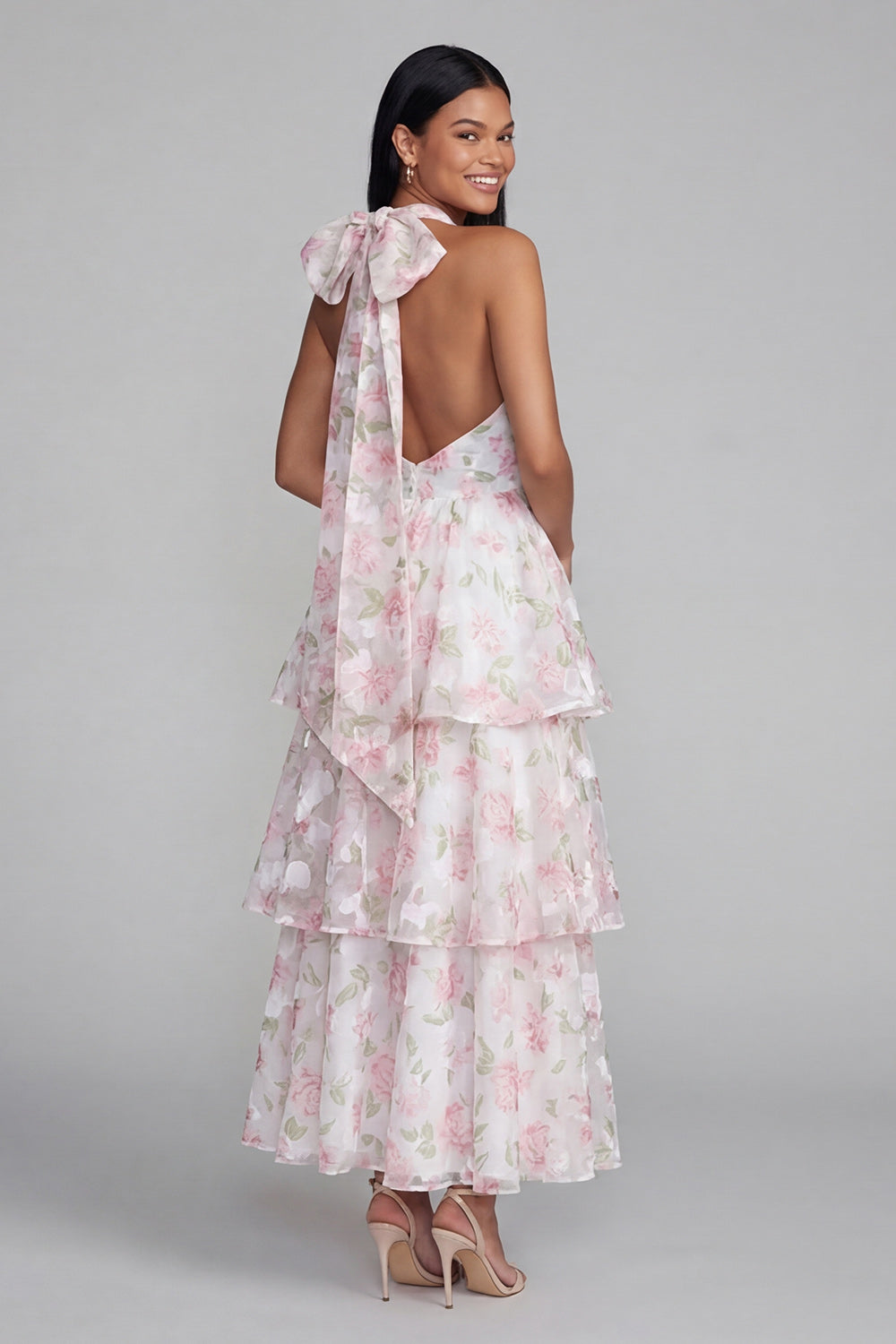 Blue Pink Flower Halter Neck Tiered Ruched Long Floral Dress with Bow