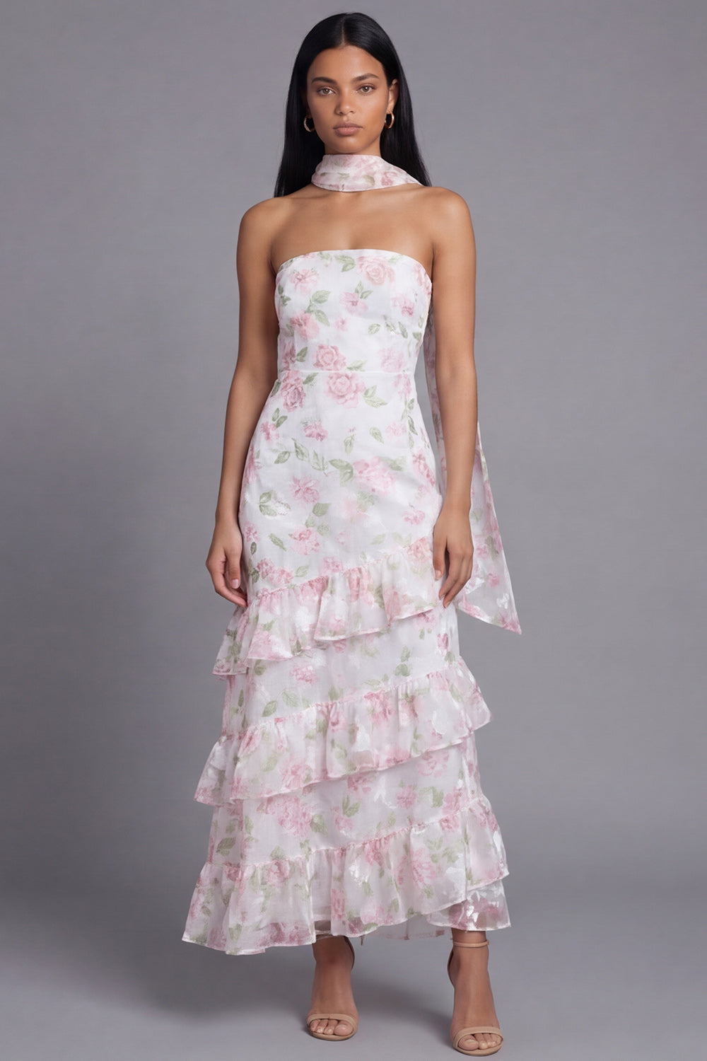 Chiffon White Pink Flower Strapless Sheath Ruffled Long Wedding Guest Dress with Neck Scarf