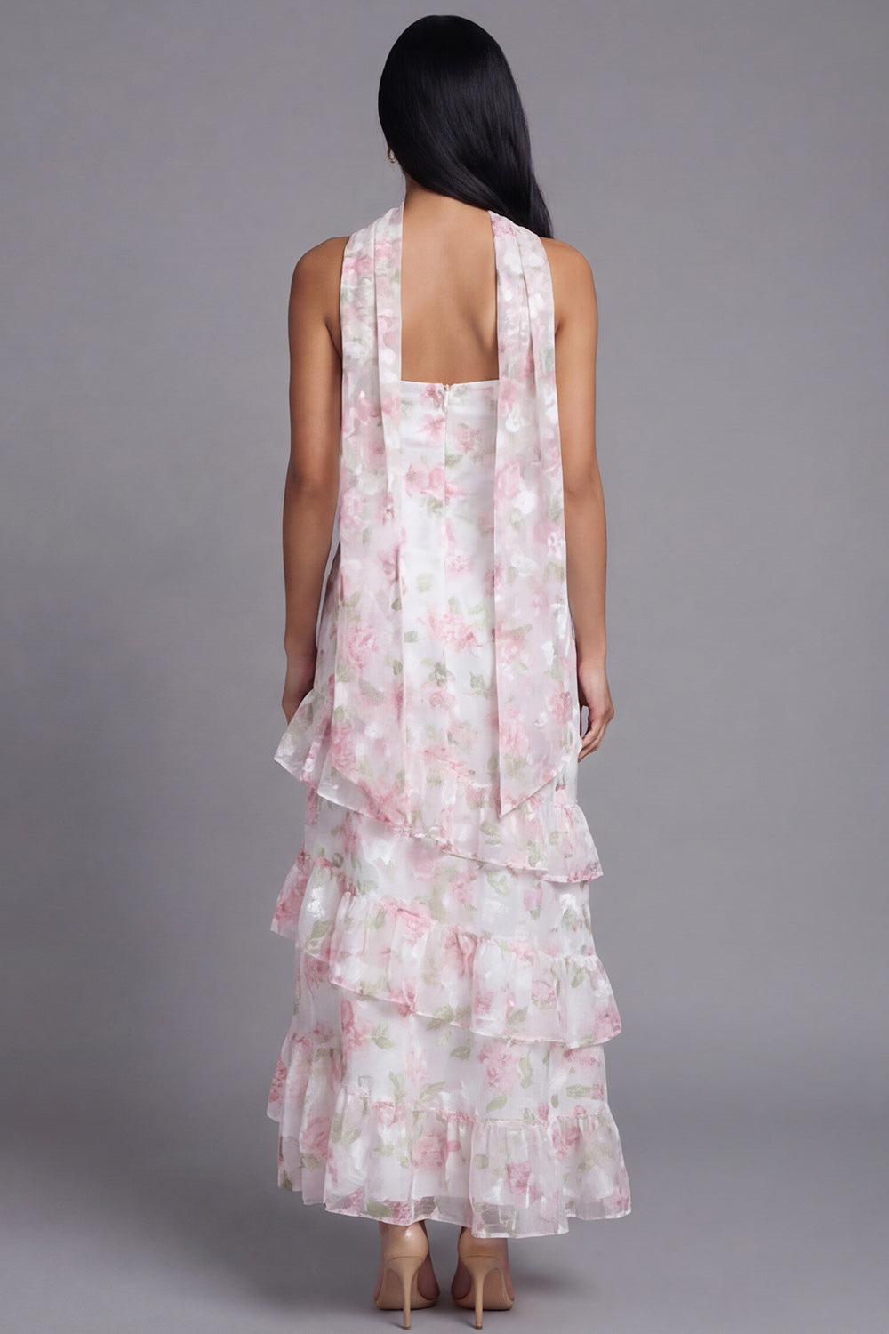 Chiffon White Pink Flower Strapless Sheath Ruffled Long Wedding Guest Dress with Neck Scarf