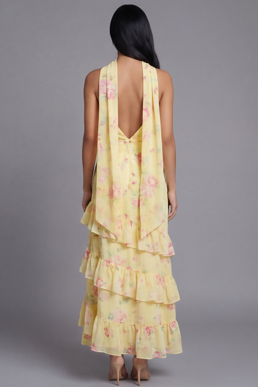 Chiffon White Pink Flower Strapless Sheath Ruffled Long Wedding Guest Dress with Neck Scarf