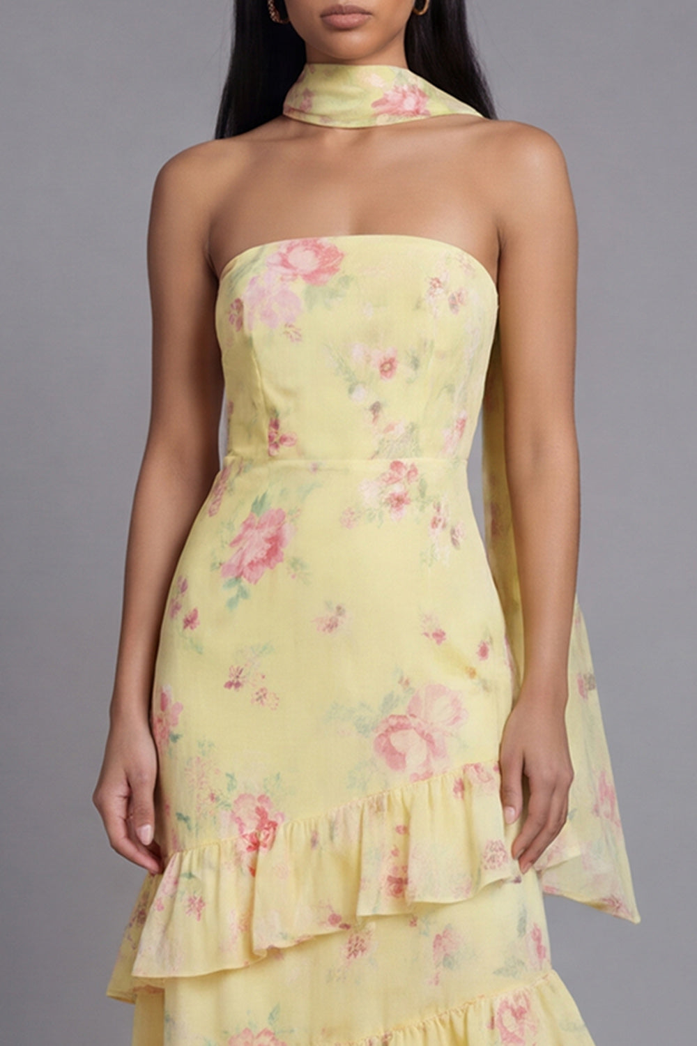Chiffon White Pink Flower Strapless Sheath Ruffled Long Wedding Guest Dress with Neck Scarf