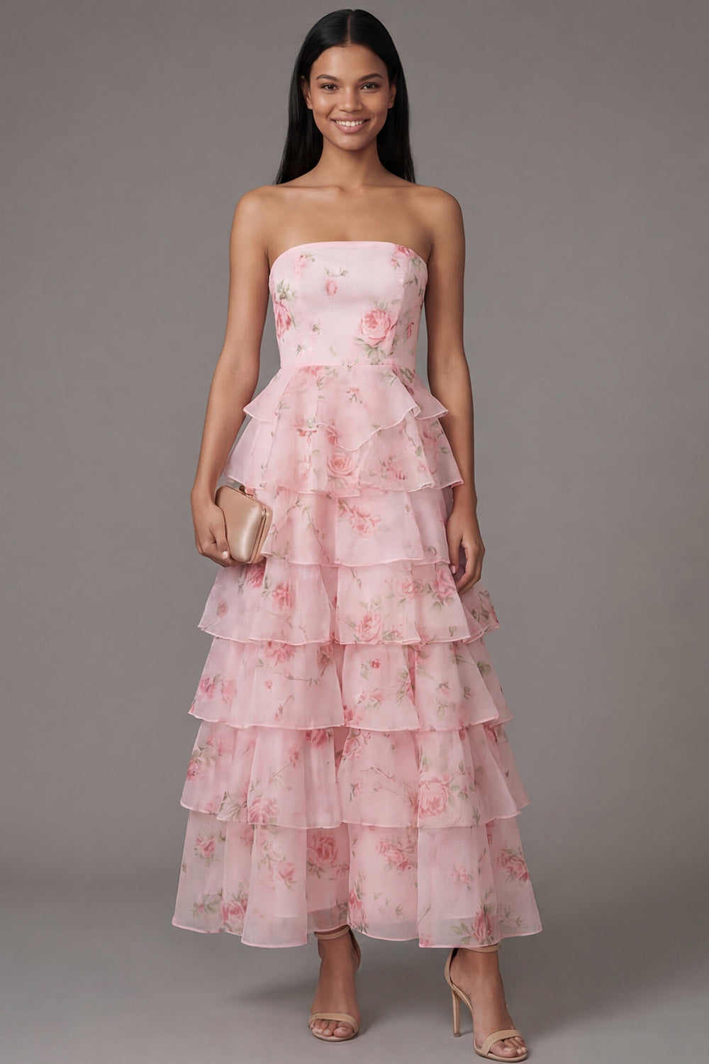 Robe de soirée longue trapèze en mousseline de soie rose sans bretelles à volants imprimé floral
