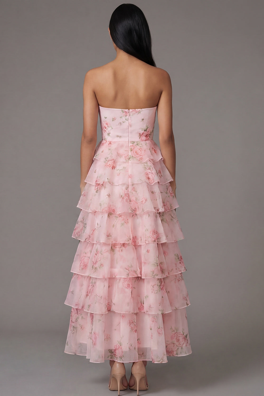 Robe de soirée longue trapèze en mousseline de soie rose sans bretelles à volants imprimé floral
