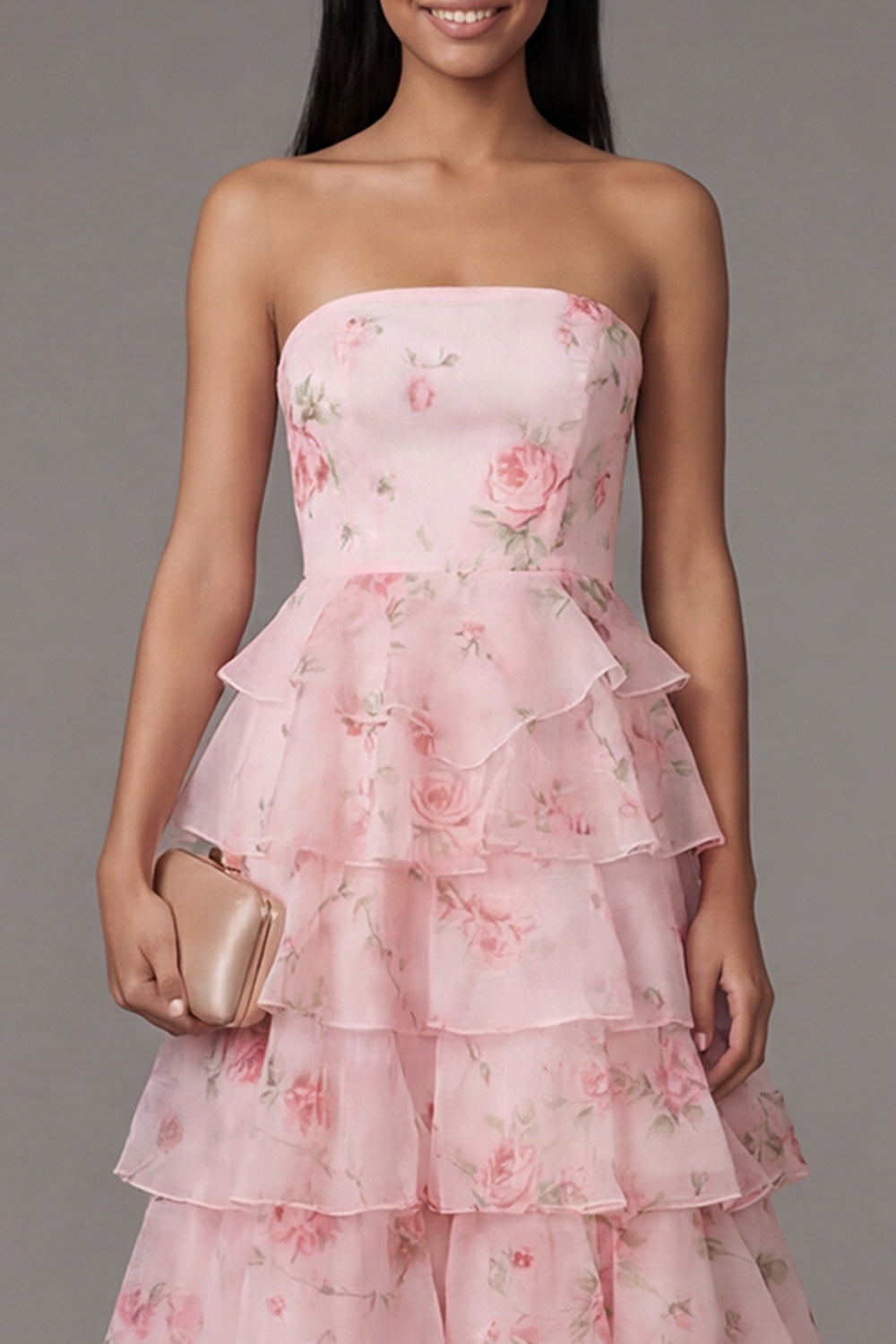 Robe de soirée longue trapèze en mousseline de soie rose sans bretelles à volants imprimé floral