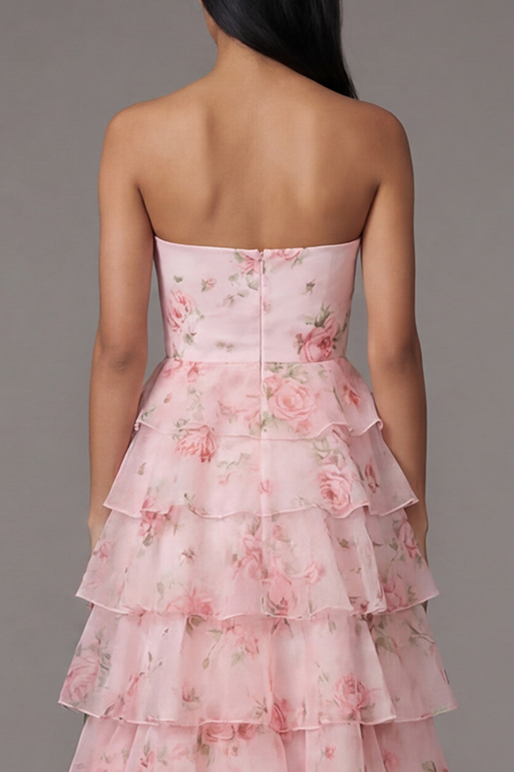 Robe de soirée longue trapèze en mousseline de soie rose sans bretelles à volants imprimé floral