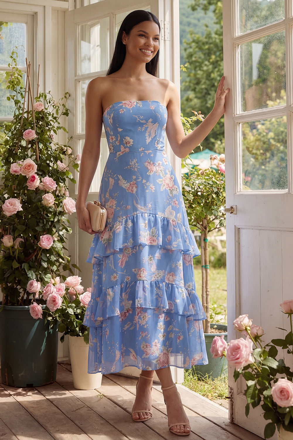 Chiffon Blue Sheath Strapless Tiered Floral Printed Long Wedding Guest Dress