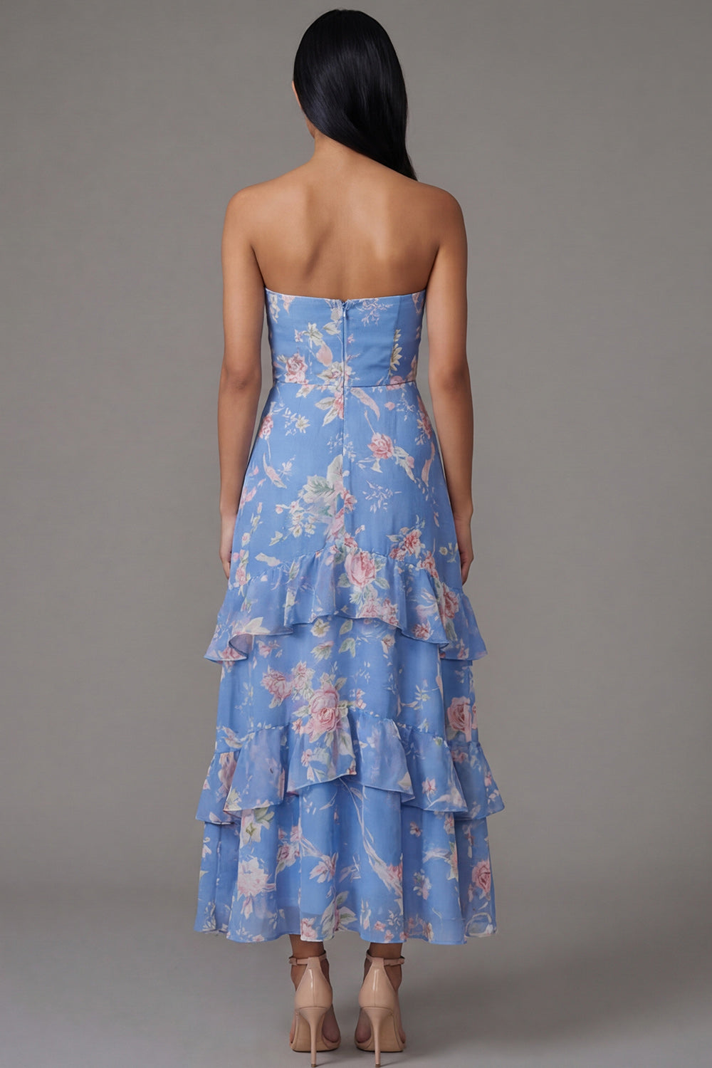 Chiffon Blue Sheath Strapless Tiered Floral Printed Long Wedding Guest Dress