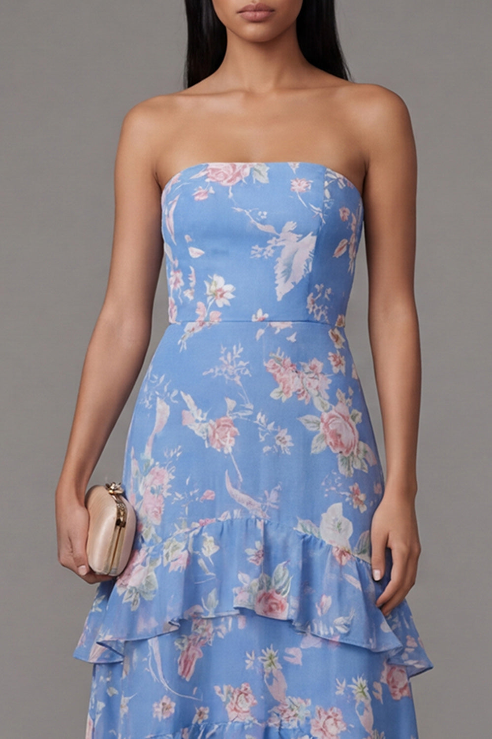 Chiffon Blue Sheath Strapless Tiered Floral Printed Long Wedding Guest Dress