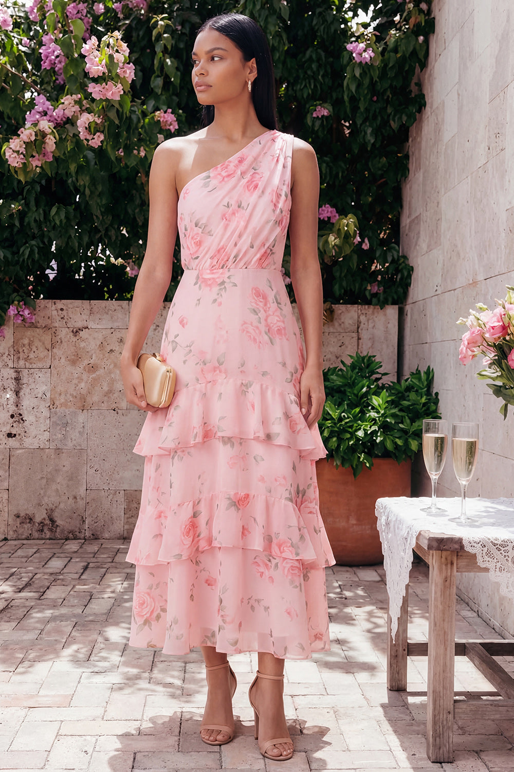 One Shoulder Pink Chiffon Ruched Tiered Floral Print Long Wedding Guest Dress