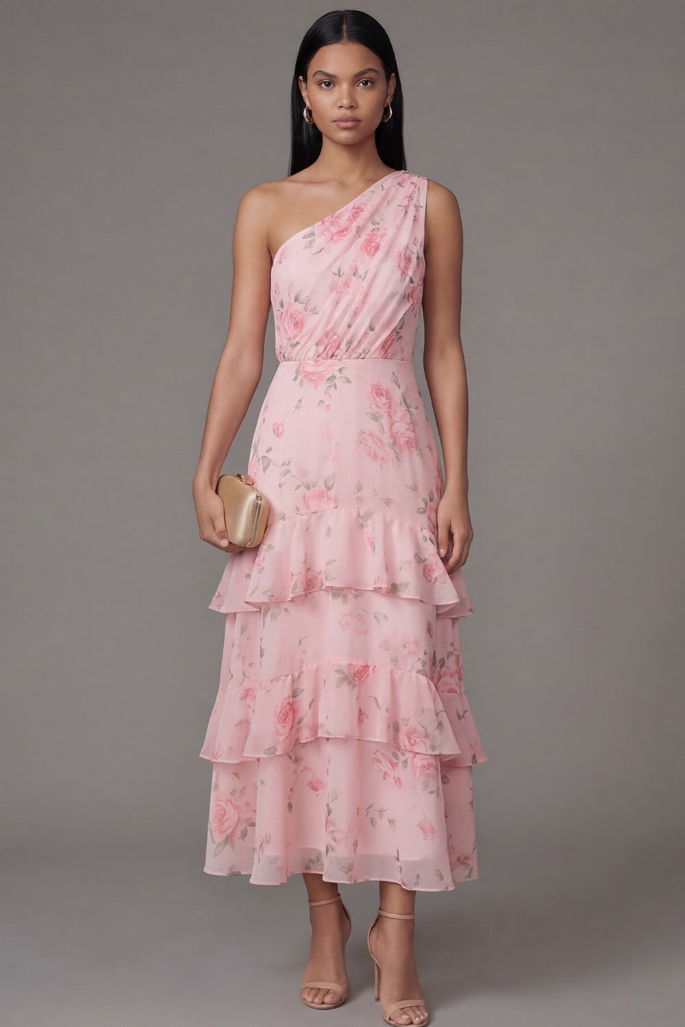 One Shoulder Pink Chiffon Ruched Tiered Floral Print Long Wedding Guest Dress