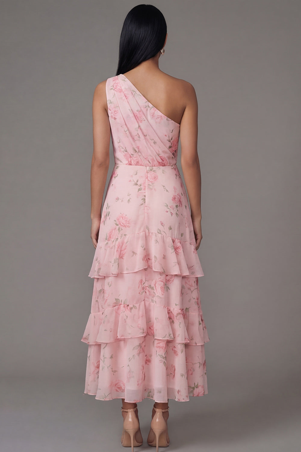 One Shoulder Pink Chiffon Ruched Tiered Floral Print Long Wedding Guest Dress