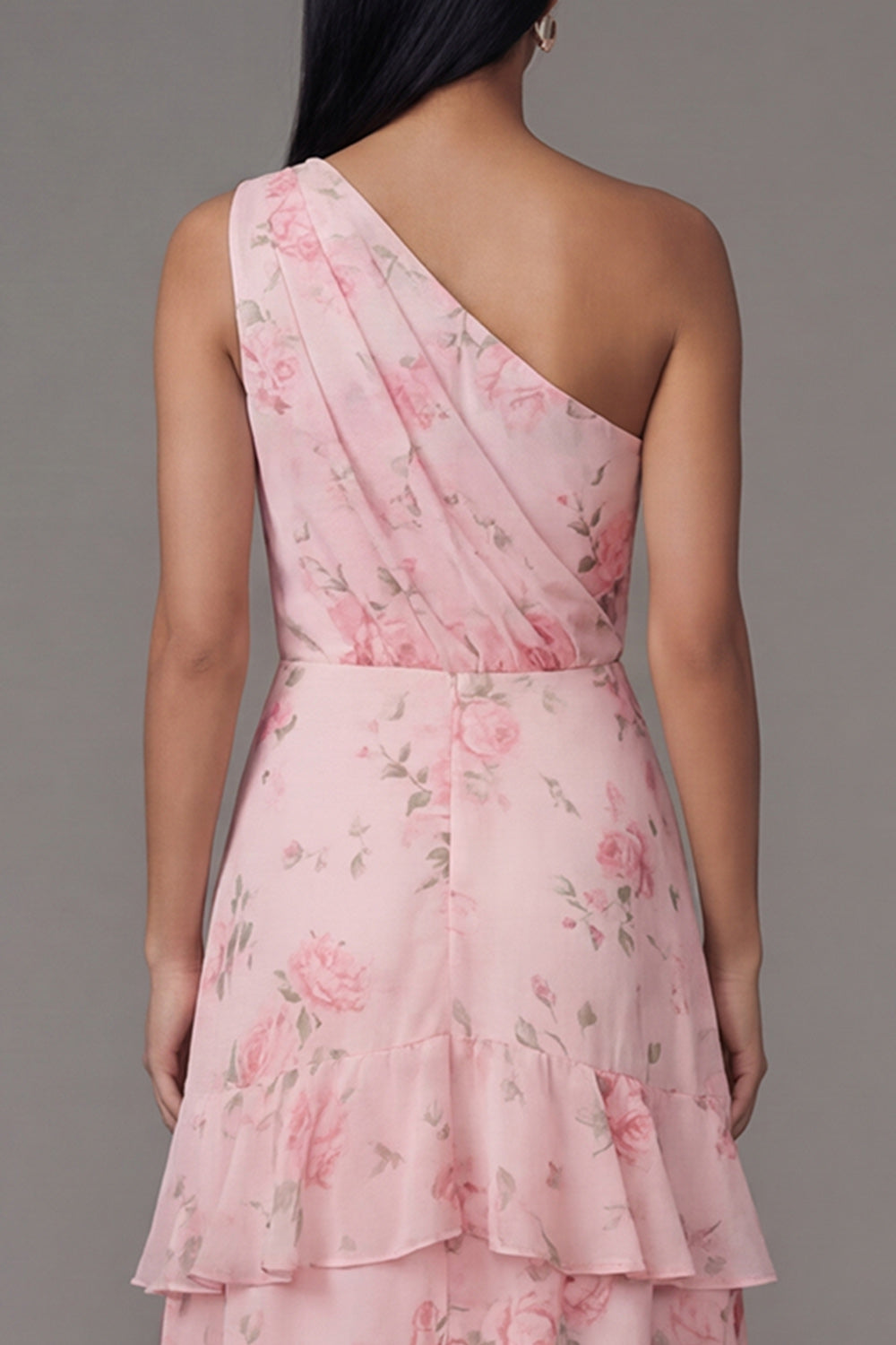 One Shoulder Pink Chiffon Ruched Tiered Floral Print Long Wedding Guest Dress