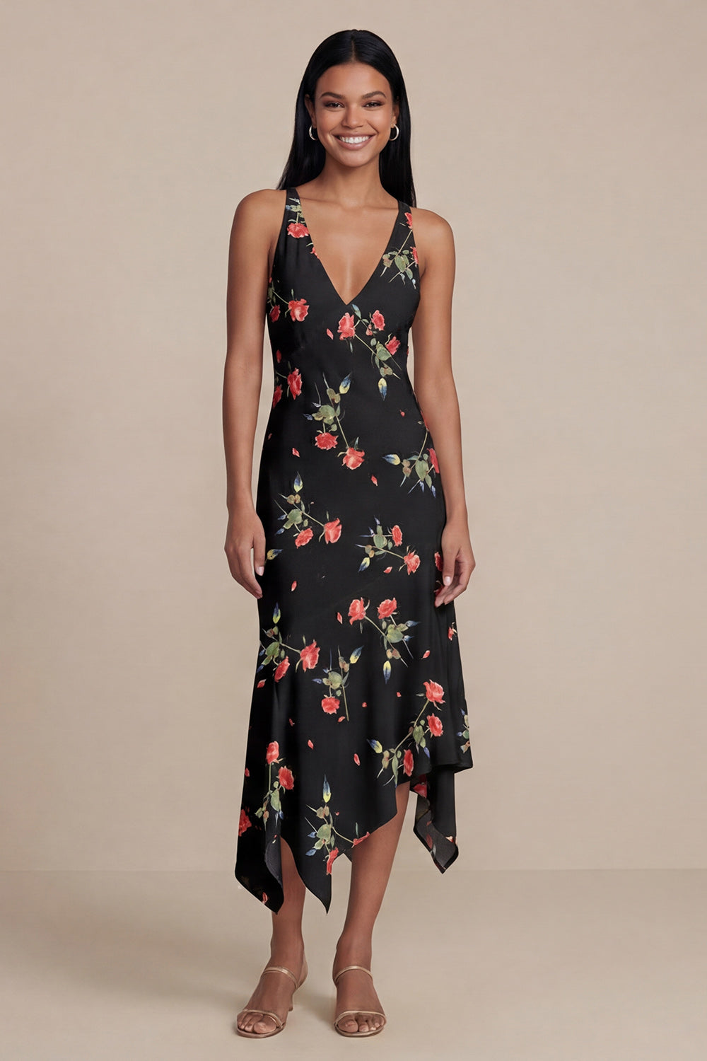 Black A-Line Chiffon V-Neck Printed Midi Floral Dress